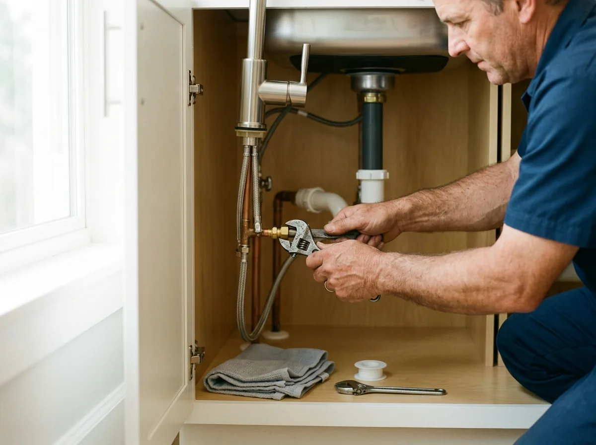 New kitchen tap being fitted under a sink